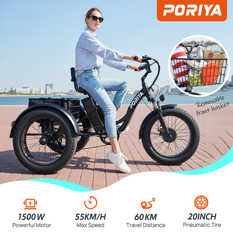 Load image into Gallery viewer, PORIYA 1500W Electric Tricycle escooter Urban City Bicycle Rechargeable 20" Fat Tyre
