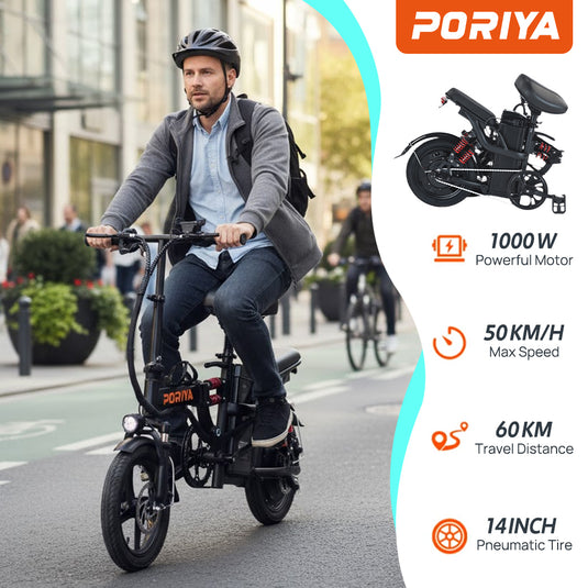 PORIYA Foldable Electric Bicycle 1000W 50KM/H Portable Commuter Travel Bicycle E Bike 48V