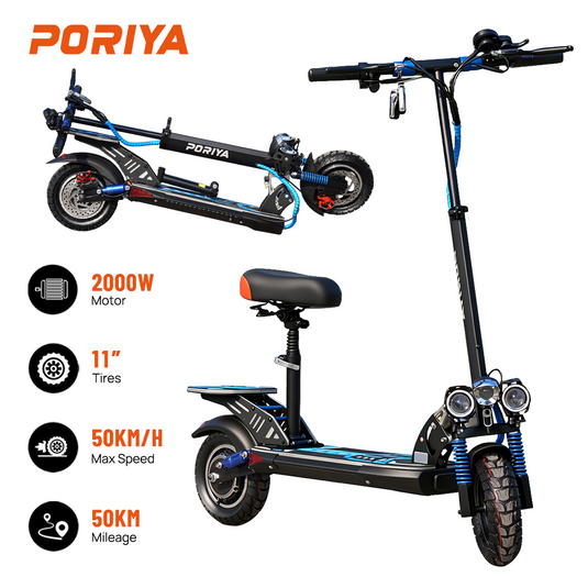 PORIYA NEW Electric Scooter w/RGB Light 2000W 50KM/H Foldable Adult Off Road E-Bike