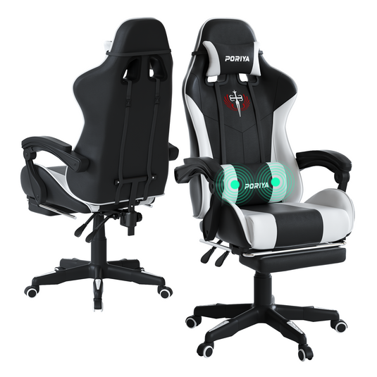 PORIYA Gaming Office Chairs 2-Points Massage Racing RGB LED Leather w/ Footrest