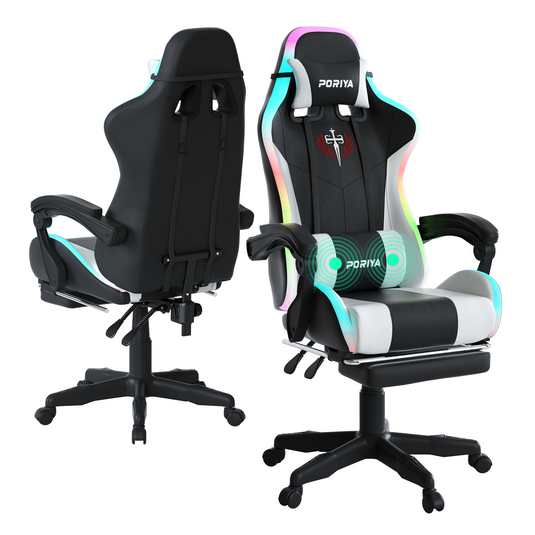 PORIYA Gaming Office Chairs 2-Points Massage Racing RGB LED Leather w/ Footrest