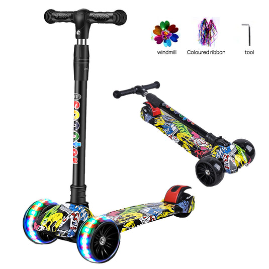 PORIYA Foldable Kids Scooter Adjustable Height Flashing LED Lights 3 Wheels Kick Push