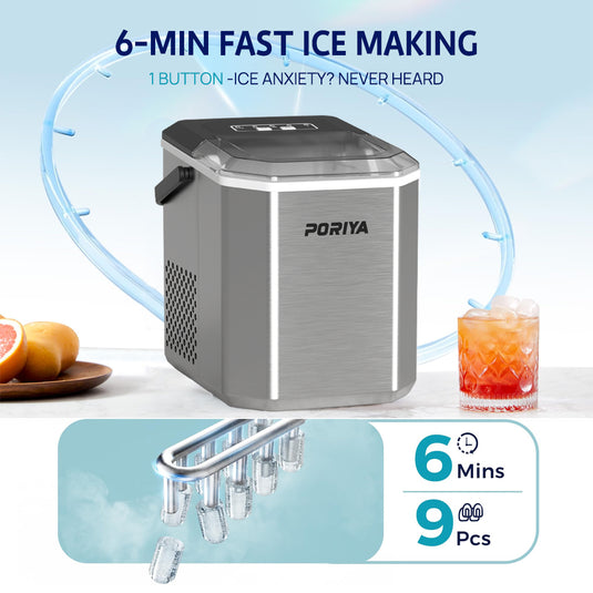 PORIYA Portable Ice Maker Machine Ice Cube Tray 12kg Bar Countertop Non-slip