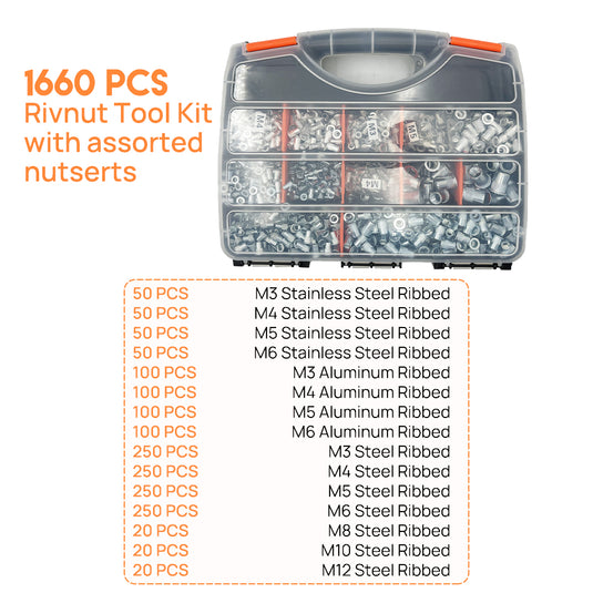 PORIYA Heavy Duty 1660pcs Nutsert Tool Kit Rivnut Riveter Rivet Nut Gun M3-12 Mandrels