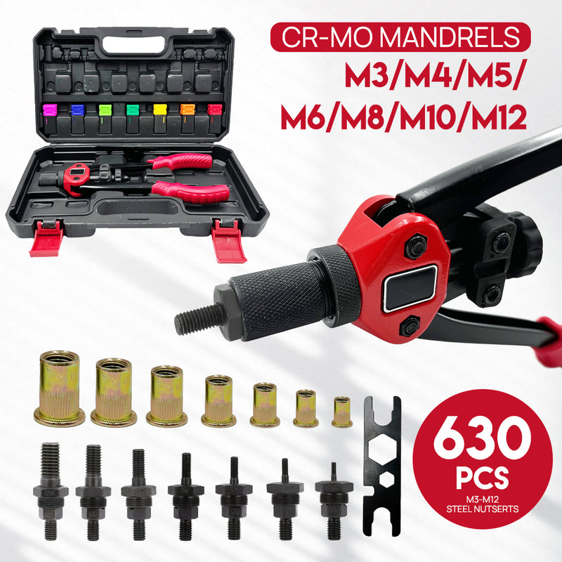 Load image into Gallery viewer, PORIYA Heavy Duty 1660pcs Nutsert Tool Kit Rivnut Riveter Rivet Nut Gun M3-12 Mandrels
