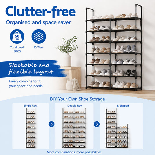 PORIYA 20/50 Pairs 10-Tier Shoe Rack Storage Shelf Metal Frame Stackable Shoe Organizer