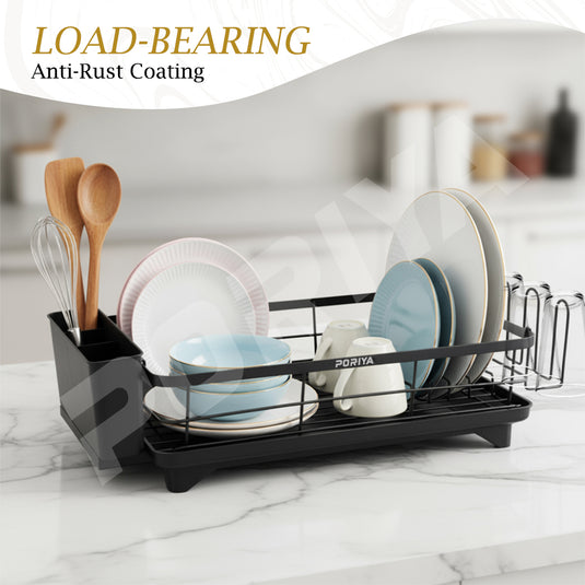 PORIYA Large Capacity Dish Drainer Carbon Steel Dish Drying Rack Drainboard Dish Rack