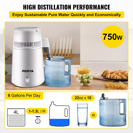 PORIYA 4L Stainless Steel Water Filter Distilled Pure Water Purifier Distiller