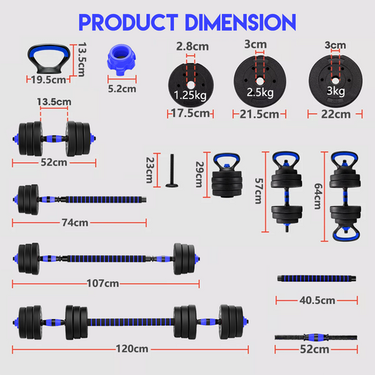 PORIYA 40kg Dumbbell Set Adjustable Barbell Kettlebell Home Gym Fitness