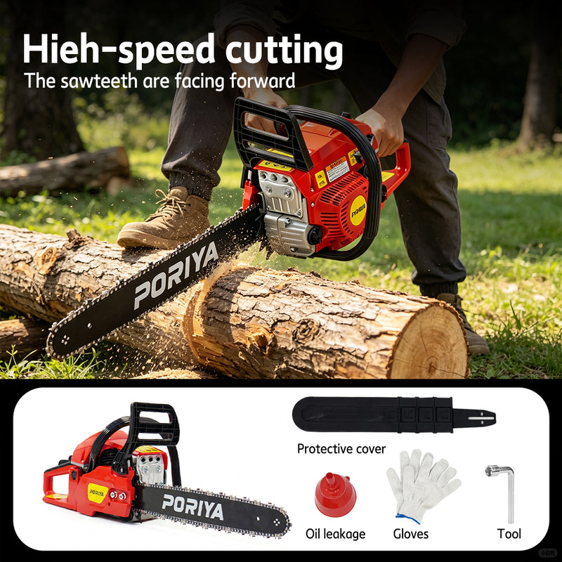 Load image into Gallery viewer, PORIYA 45cc Petrol Chainsaw Commercial 18" Bar Chain Saw E-Start Tree Pruning
