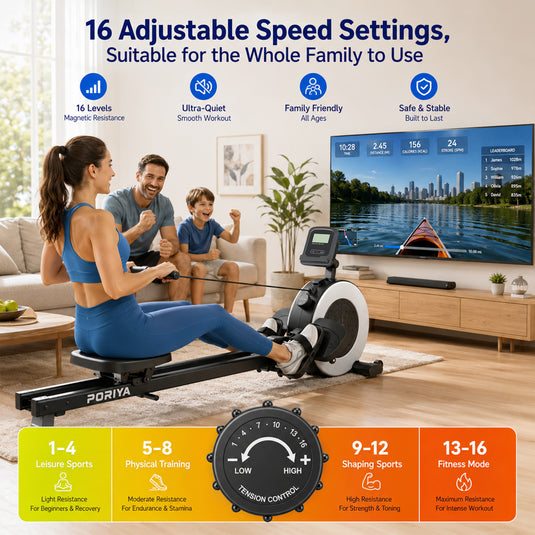 PORIYA Magnetic Rowing Machine 16 Levels of Quiet Resistance Workout Fullbody