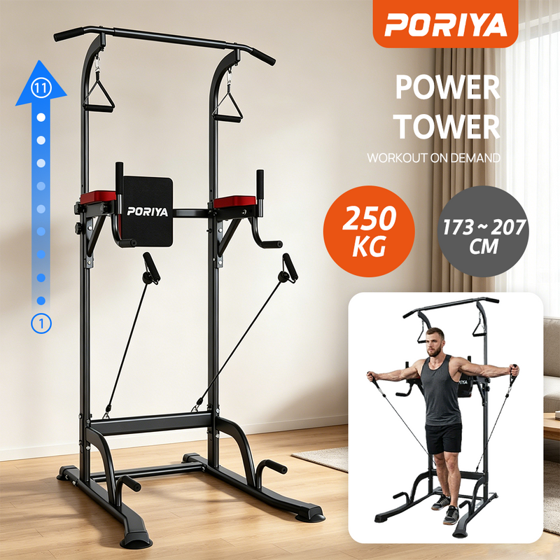 Load image into Gallery viewer, PORIYA 11 Level Power Tower Chin Up Bar Push Pull Up Weight Bench Gym Station

