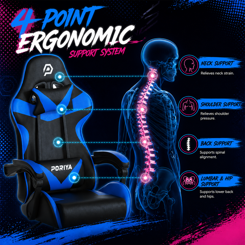 Load image into Gallery viewer, PORIYA Gaming Chair Home Office Computer Seat Racing PU Executive Recliner Chair Blue
