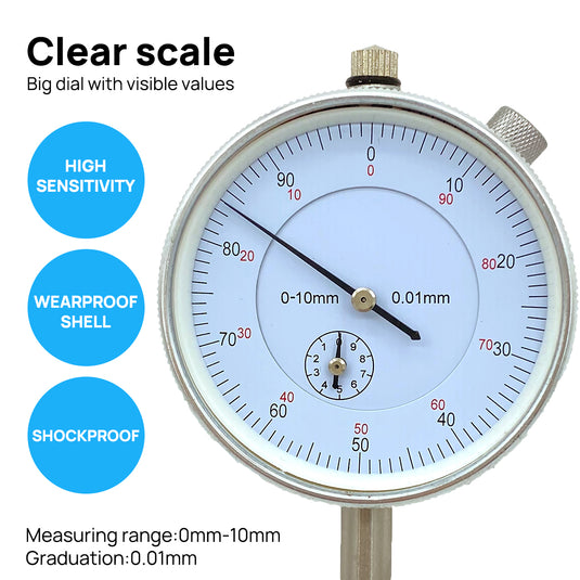 PORIYA 0-10mm Dial Indicator Gauge With Magnetic Base 60KG Pull 22 Indicator Point Set