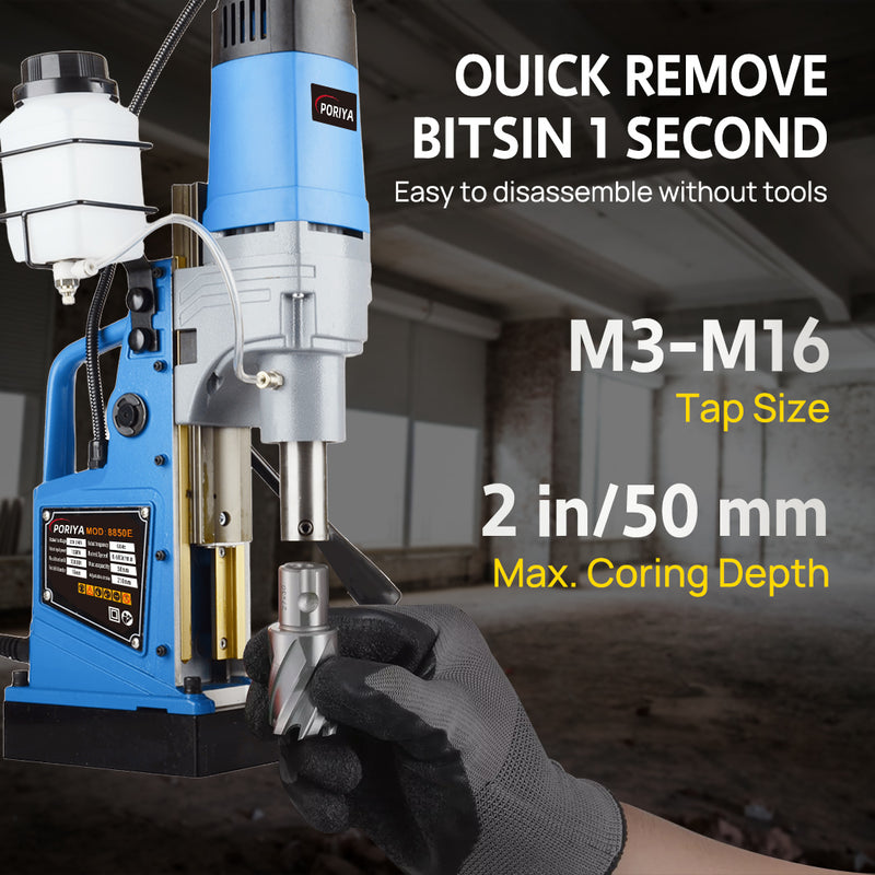 Load image into Gallery viewer, PORIYA Magnetic Drill 1550W 2922lbf/13000N Portable Mag Drill Press 850RPM 6 Bits Blue

