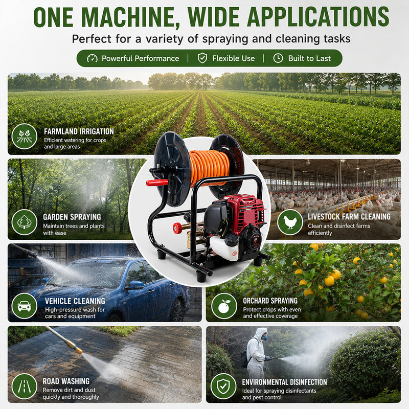 Load image into Gallery viewer, PORIYA Garden Weed Sprayer Pump 4 Stroke Petrol Engine Motor Hose Reel Kit Pest Control
