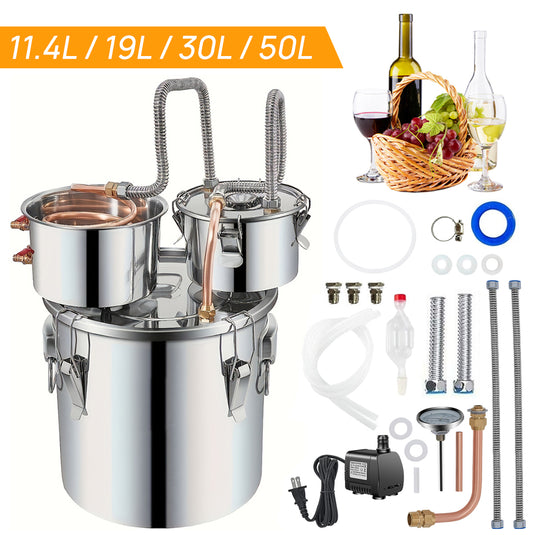 PORIYA Alcohol Distiler 12/19/30/50L Water Wine Brew Copper Coil Moonshinestill w/ Pump