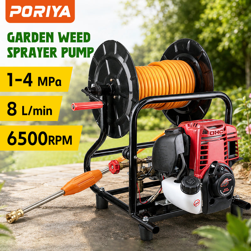 Load image into Gallery viewer, PORIYA Garden Weed Sprayer Pump 4 Stroke Petrol Engine Motor Hose Reel Kit Pest Control
