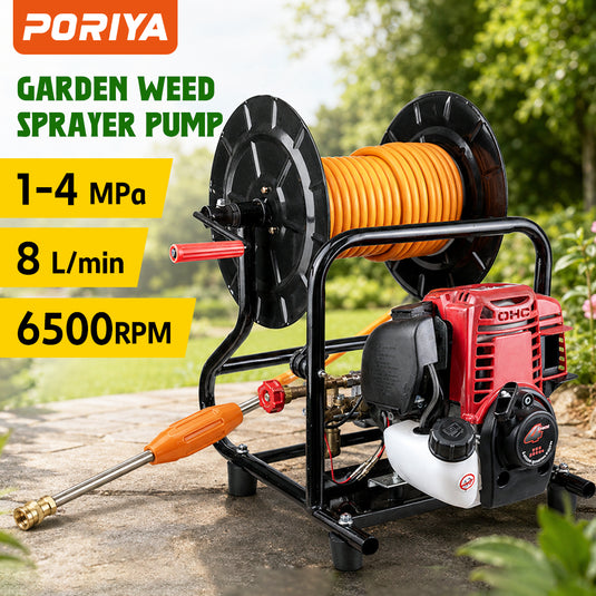 PORIYA Garden Weed Sprayer Pump 4 Stroke Petrol Engine Motor Hose Reel Kit Pest Control