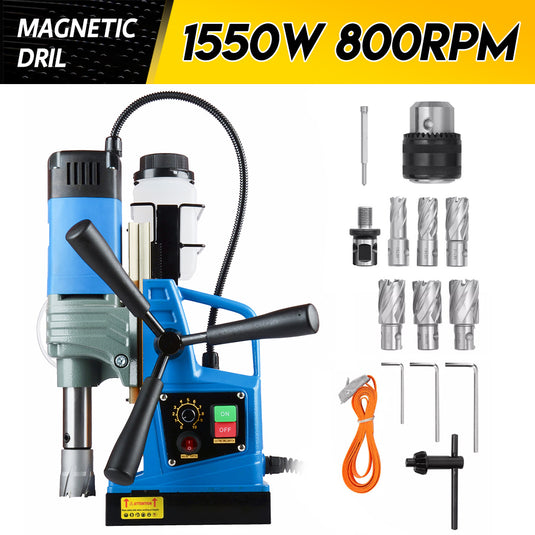 PORIYA Magnetic Drill 1550W 2922lbf/13000N Portable Mag Drill Press 850RPM 6 Bits Blue