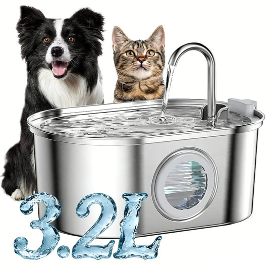PORIYA 304 Stainless Steel Water Fountain Pet Dog Cat Drinking Dispenser Filter Feeder
