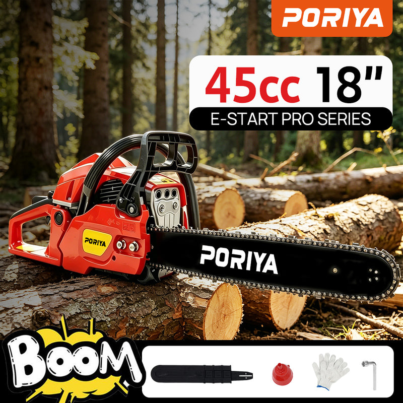 Load image into Gallery viewer, PORIYA 45cc Petrol Chainsaw Commercial 18" Bar Chain Saw E-Start Tree Pruning
