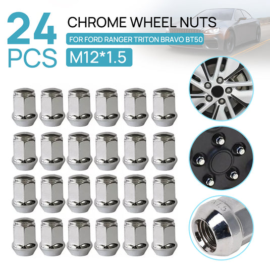 PORIYA 24x M12x1.5 Chrome Wheel Nuts For Ford Ranger Mitsubishi Triton Mazda Bravo Bt50