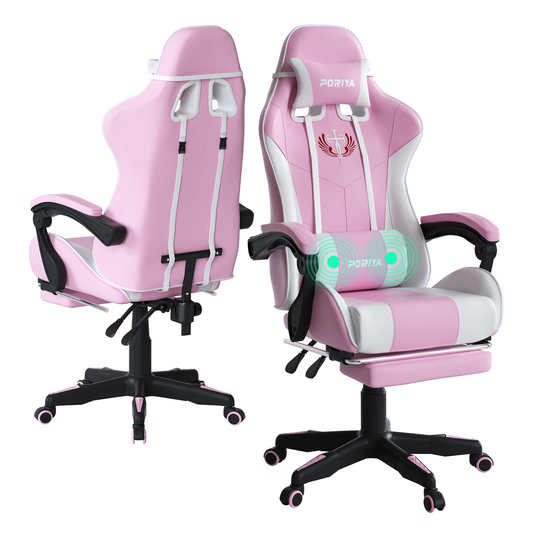 PORIYA Gaming Office Chairs 2-Points Massage Racing RGB LED Leather w/ Footrest