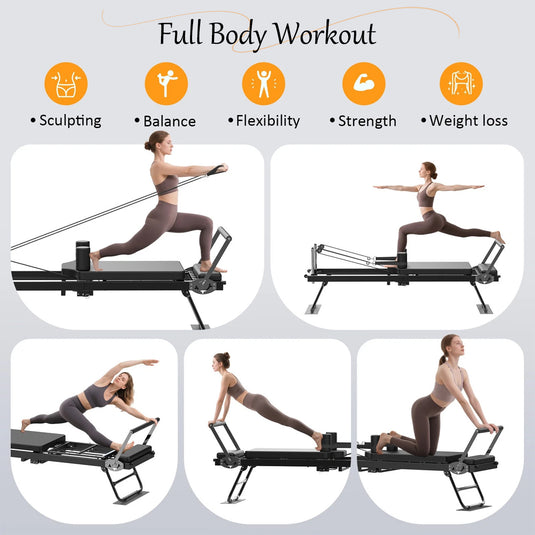 Foldable Pilates Reformer Workout Latex resistance Machine Exercise Yoga Black