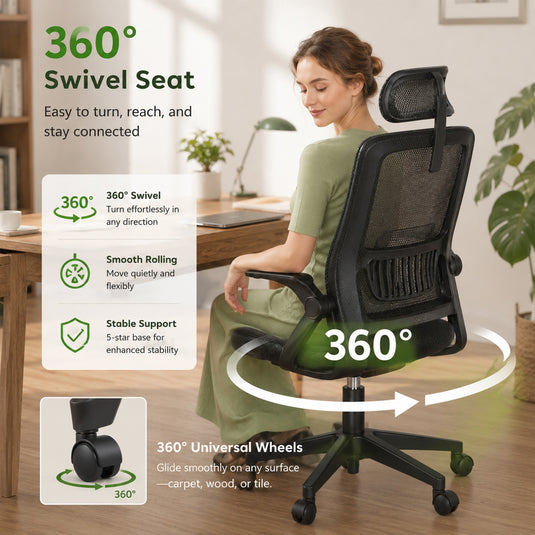 Ergonomic Home Office Chair with Lumbar Support and Adjustable Headrest High Back Mesh Desk Chair Flip-up Armrest Ergonomic Computer Chair