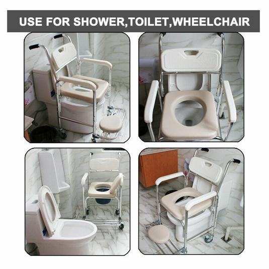 Mobile Shower Toilet Commode Wheelchair Aluminum Footrest Bathroom Beside