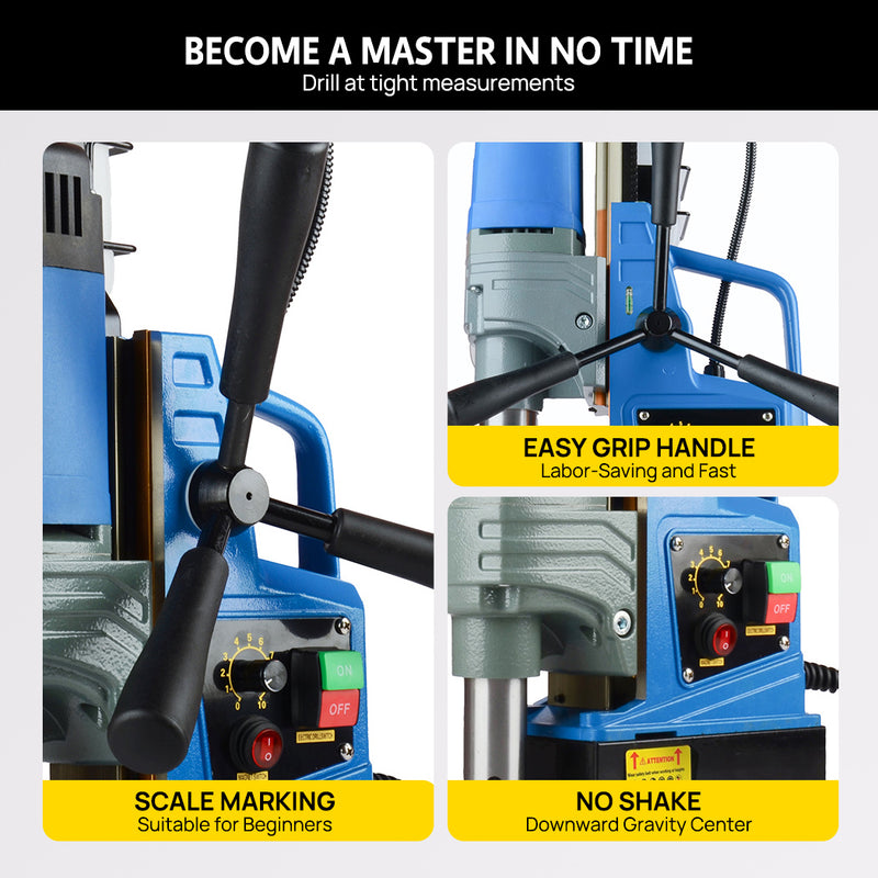 Load image into Gallery viewer, PORIYA Magnetic Drill 1550W 2922lbf/13000N Portable Mag Drill Press 850RPM 6 Bits Blue
