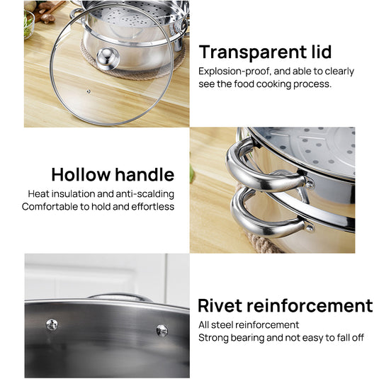 PORIYA 3/4 Tier Stainless Steel Steamer Meat Vegetable Pot Steaming Cookware Kitchen