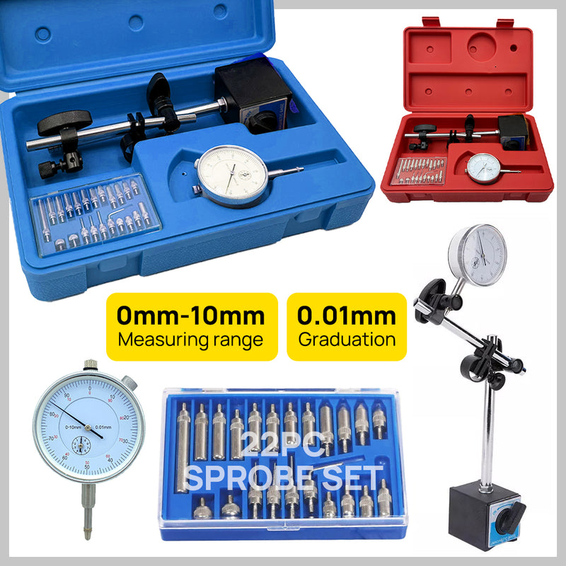 Load image into Gallery viewer, PORIYA 0-10mm Dial Indicator Gauge With Magnetic Base 60KG Pull 22 Indicator Point Set

