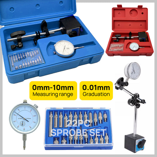 PORIYA 0-10mm Dial Indicator Gauge With Magnetic Base 60KG Pull 22 Indicator Point Set