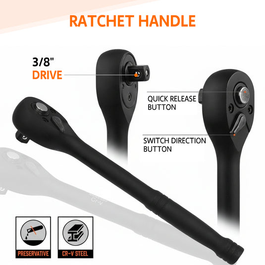 PORIYA 50Pc 3/8" Drive Impact Socket Set Ratchet Wrench Metric SAE Deep Short Sockets