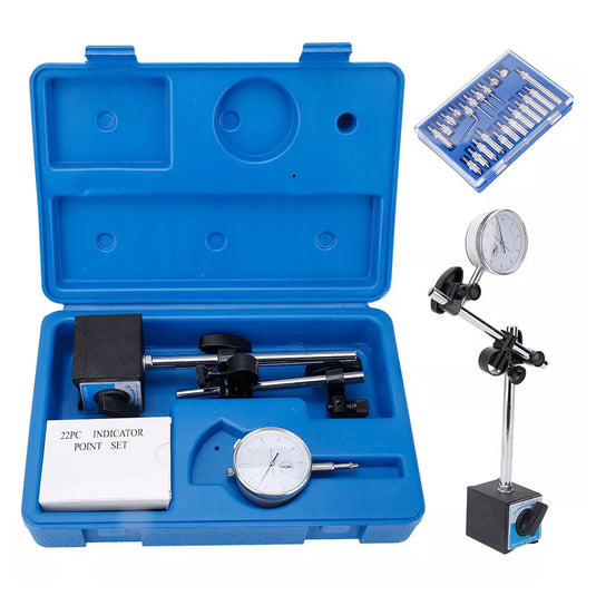 PORIYA 0-10mm Dial Indicator Gauge With Magnetic Base 60KG Pull 22 Indicator Point Set