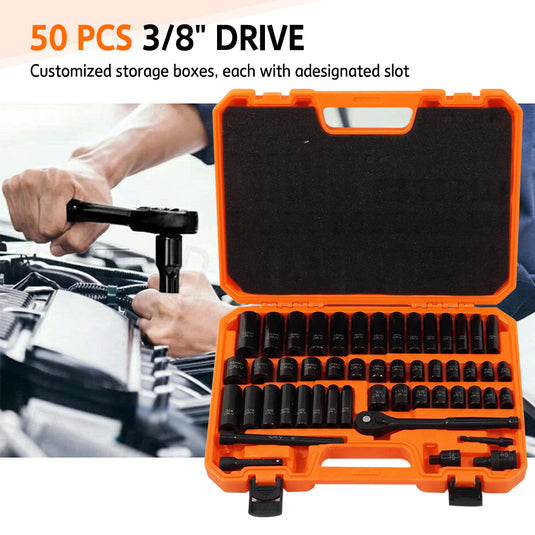 PORIYA 50Pc 3/8" Drive Impact Socket Set Ratchet Wrench Metric SAE Deep Short Sockets