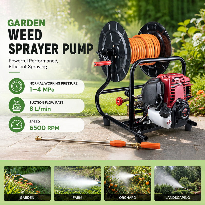 Load image into Gallery viewer, PORIYA Garden Weed Sprayer Pump 4 Stroke Petrol Engine Motor Hose Reel Kit Pest Control

