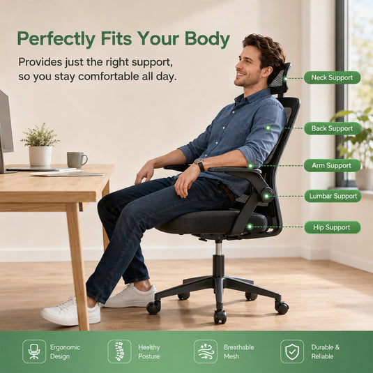 Ergonomic Home Office Chair with Lumbar Support and Adjustable Headrest High Back Mesh Desk Chair Flip-up Armrest Ergonomic Computer Chair