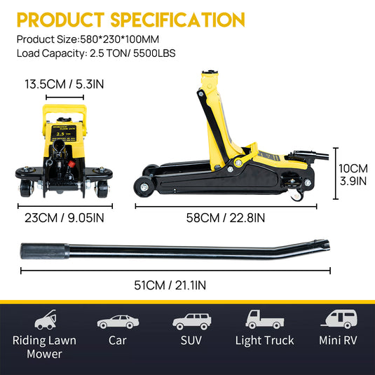 PORIYA Low Profile Floor Jack 2.5 Ton Heavy Steel Single Piston Hydraulic Pump