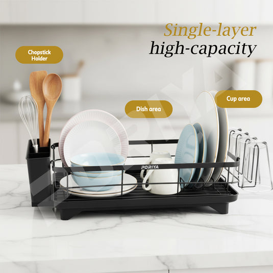 PORIYA Large Capacity Dish Drainer Carbon Steel Dish Drying Rack Drainboard Dish Rack