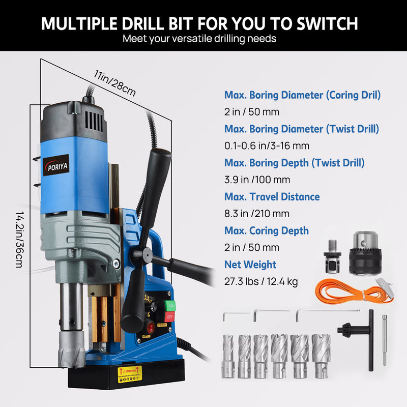 Load image into Gallery viewer, PORIYA Magnetic Drill 1550W 2922lbf/13000N Portable Mag Drill Press 850RPM 6 Bits Blue
