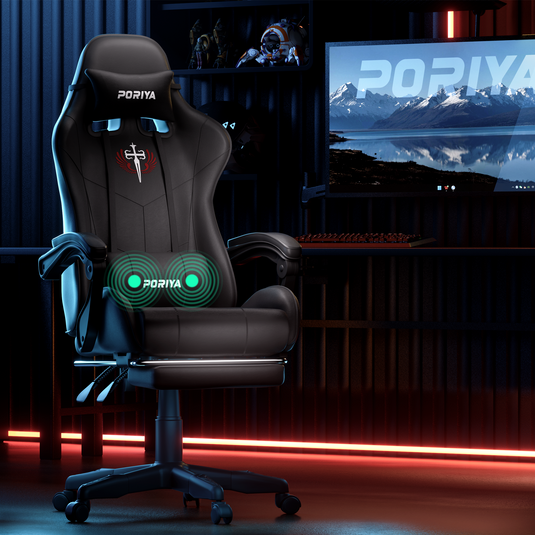 PORIYA Gaming Office Chairs 2-Points Massage Racing RGB LED Leather w/ Footrest